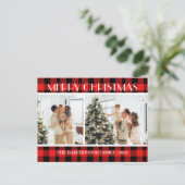 シンプルモダン赤い格子模様のクリスマスファミリー2枚の写真 シーズンポストカード (スタンド正面)