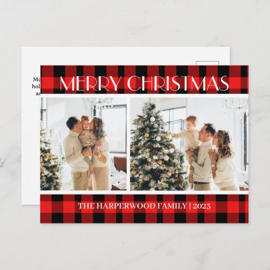 シンプルモダン赤い格子模様のクリスマスファミリー2枚の写真 シーズンポストカード (正面/裏面)