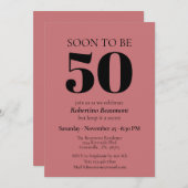 シンプルモダン赤サプライズ50th誕生日パーティー 招待状 (正面/裏面)