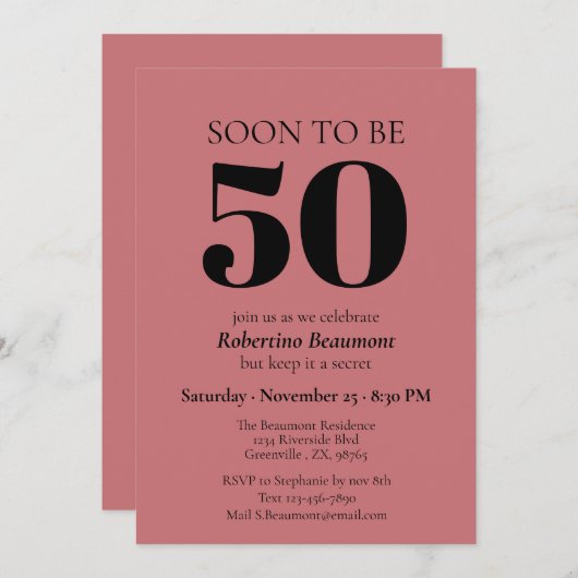 シンプルモダン赤サプライズ50th誕生日パーティー 招待状 (正面/裏面)