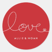 シンプルモダン赤ループ愛ハート結婚ステッカー ラウンドシール (正面)