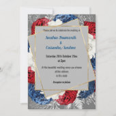 シンプルモダン赤青灰色フローラ結婚 招待状 (正面)