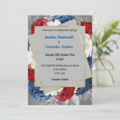 シンプルモダン赤青灰色フローラ結婚 招待状 (スタンド正面)