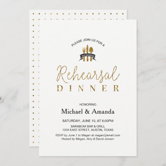 シンプルモダン金ゴールド結婚リハーサル夕食券 招待状 (正面/裏面)