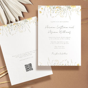 シンプルモダン黄色ワイルドフラワーQR RSVP結婚の 招待状