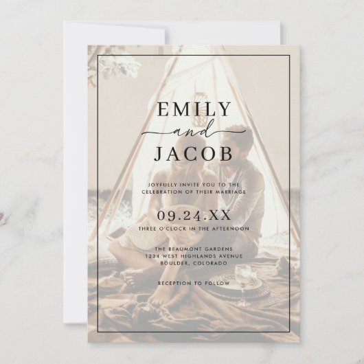 シンプルモダン黒と白のオーバーレイ結婚写真 招待状 (正面)