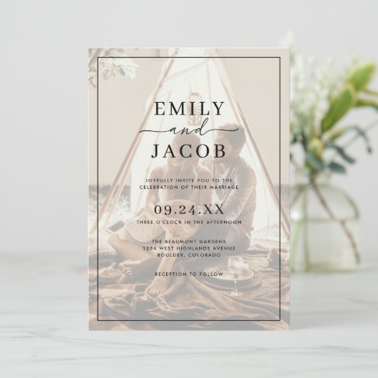 シンプルモダン黒と白のオーバーレイ結婚写真 招待状 (スタンド正面)