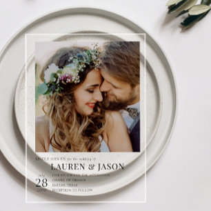 シンプルモダン黒と白の写真結婚の アクリル招待状