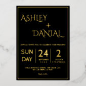 シンプルモダン黒と金ゴールドスクリプ結婚ト 箔招待状 (正面)