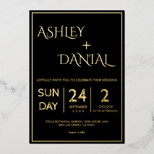 シンプルモダン黒と金ゴールドスクリプ結婚ト 箔招待状 (正面)