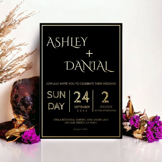 シンプルモダン黒と金ゴールドスクリプ結婚ト 箔招待状