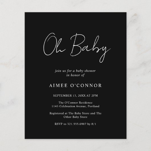 シンプルモダン黒バジェット赤ちゃんシャワー招待状 (正面)