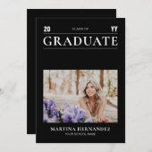 シンプルモダン黒卒業写真の発表 案内状 (正面/裏面)