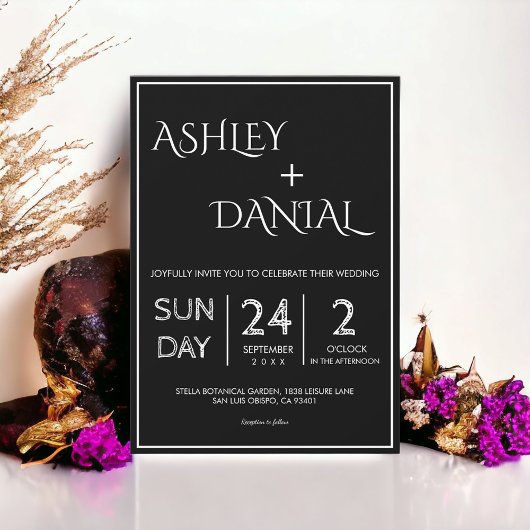 シンプルモダン黒白スクリプトシック結婚ズ 招待状