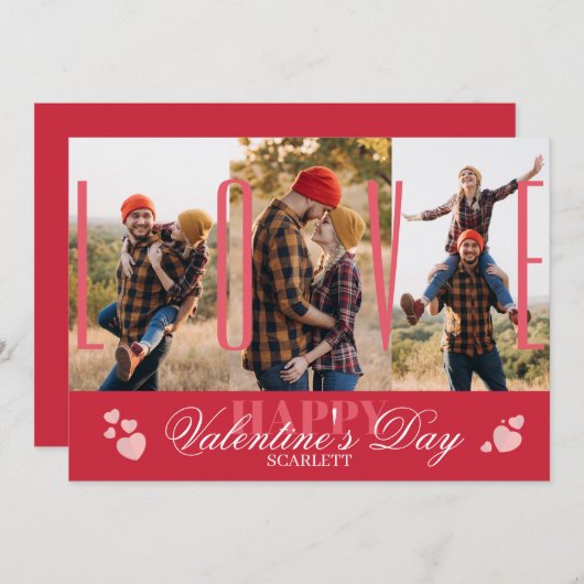シンプルモダン3写真コラージュ赤バレンタインデー シーズンカード (正面/裏面)