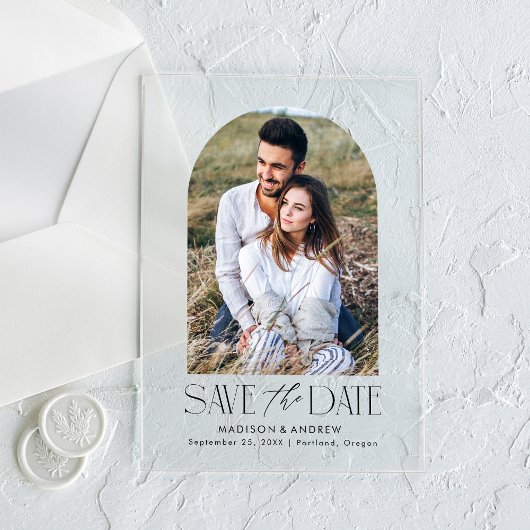 シンプルモダン ブラックアーチ 写真付き結婚式日程通知 アクリル招待状