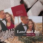 シンプルモダン |写真で愛と喜び シーズンカード<br><div class="desc">このシンプルとスタイリッシュ休日の写真カードは、カードの前面を横切るあなたの家族の写真とはっきりした一緒にモダン、白いエレガントタイポグラフィで「愛と喜び」と言う。あなたの個人的な休日のメッセージは、ミニマルなデザインで背面に移動赤と白できる。</div>