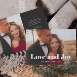 シンプルモダン |写真で愛と喜び シーズンカード<br><div class="desc">このシンプルとスタイリッシュ休日の写真カードは、カードの前面を横切るあなたの家族の写真とはっきりした一緒にモダン、白いエレガントタイポグラフィで「愛と喜び」と言う。あなたの個人的な休日のメッセージは、ミニマルなダークチャコールブラックとホワイトのデザインで背面に行くことができる。</div>