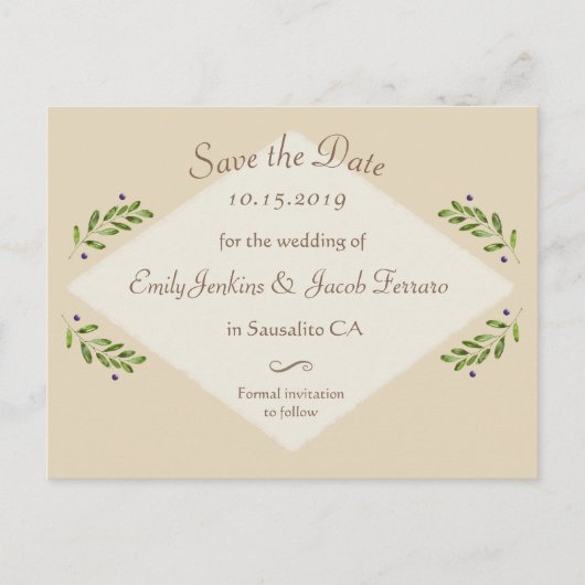 シンプルモダンBotanical Wedding Save the Date 案内ポストカード (正面)