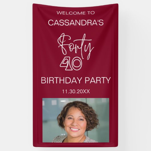 シンプルモダンBurgundy Photo 40th Birthday Welcome 横断幕 (縦)