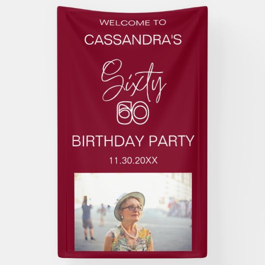 シンプルモダンBurgundy Photo 60th誕生日へようこそ 横断幕 (縦)