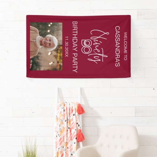 シンプルモダンBurgundy Photo 90th誕生日へようこそ 横断幕 (インサイチュ)