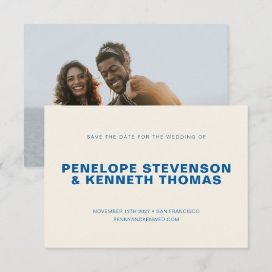 シンプルモダンCobalt Blue 結婚 Photo's セーブザデート (正面/裏面)