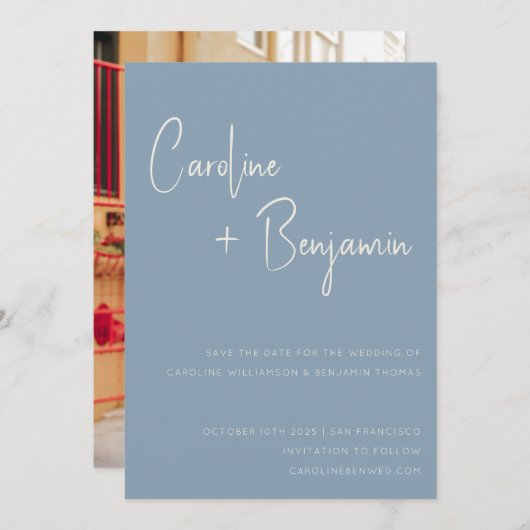 シンプルモダンDusty Blue Script Photo結婚's セーブザデート (正面/裏面)