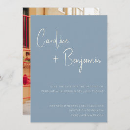 シンプルモダンDusty Blue Script Photo結婚's セーブザデート