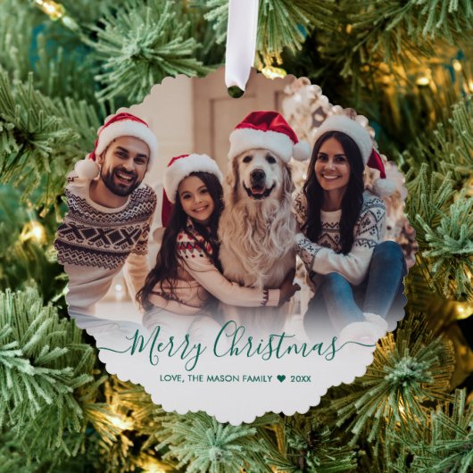 シンプルモダンGreen Script 2写真クリスマス オーナメントカード (インサイチュ (木))