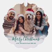 シンプルモダンGreen Script 2写真クリスマス オーナメントカード (正面)