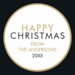 シンプルモダンHappy Christmas Family Name ラウンドシール<br><div class="desc">おモダンエレガント客様のホリデーメッセージと家族の名前でパーソナライズするためのハッピークリスマスラウンドステッカー。Thisisnomeによって設計©</div>