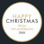シンプルモダンHappy Christmas Family Name ラウンドシール<br><div class="desc">おモダンエレガント客様のホリデーメッセージと家族の名前でパーソナライズするためのハッピークリスマスラウンドステッカー。Thisisnomeによって設計©</div>