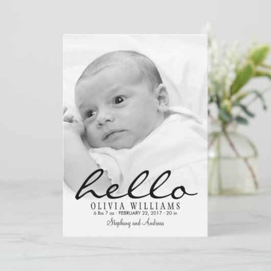 シンプルモダンHelloベビー誕生写真の発表 案内状 (スタンド正面)