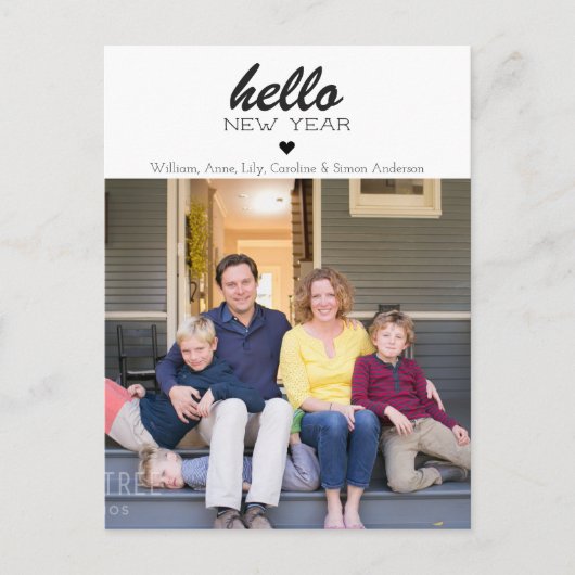 シンプルモダンHello Happy New Yearハート写真 ポストカード (正面)