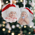 シンプルモダンMerry Christmasの写真 オーナメントカード<br><div class="desc">写真テンプレートシンプルとクリーンなデザインはカスタムメリークリスマス赤い書道文字グラフィック、オプションの白の不透明フィルタと文字フィールドを搭載。背面に追加写真テンプレート。</div>