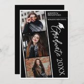 シンプルモダンPhoto Strips Black Graduation 案内状 (正面/裏面)
