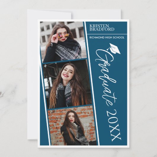 シンプルモダンPhoto Strips Blue Graduation 案内状 (正面)