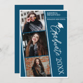 シンプルモダンPhoto Strips Blue Graduation 案内状 (正面/裏面)