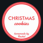 シンプルモダンRed Homemade Christmas Cookie ラウンドシール<br><div class="desc">自家製クリスマスクッキーあなたのビジネスのためのシールはあなたのクリスマスの家庭用品のための完璧な味のラベル焼いたである。キッチンシンプルスタイルで動作するモダンスタイルの赤い背景を持つ。文字与えはEtsyのグッズやカスタムクリスマスギフトのためのクリスマスラベル。カスタマイズ文字のブランドに合わせて欲しい靴下に入れて贈る小さなクリスマスプレゼントや愛する人のパーソナリティパーソナライズされたで満たされたクリスマスクッキーに使用できる。</div>