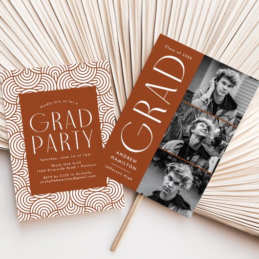 シンプルモダンRust 3写真卒業パーティー 招待状