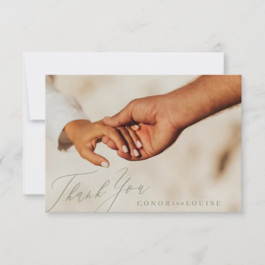 シンプルモダンSage Green書道の結婚写真 サンキューカード (正面)