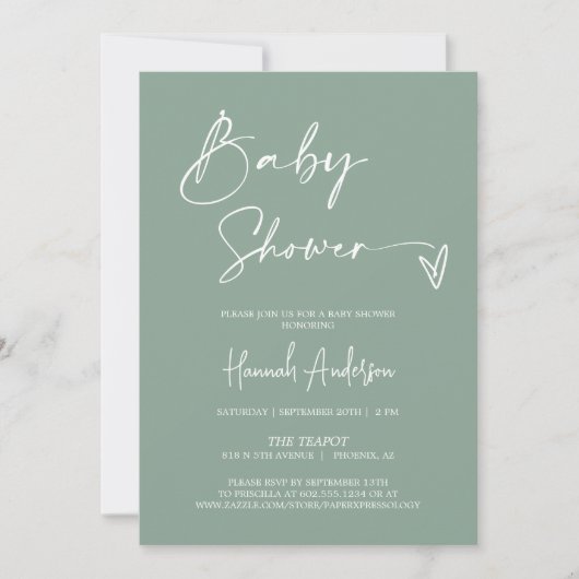 シンプルモダンSage Green Baby Shower QRコード写真 招待状 (正面)