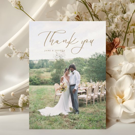 シンプルモダンScriptの結婚写真金ゴールド サンキューカード