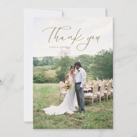 シンプルモダンScriptの結婚写真金ゴールド サンキューカード (正面)