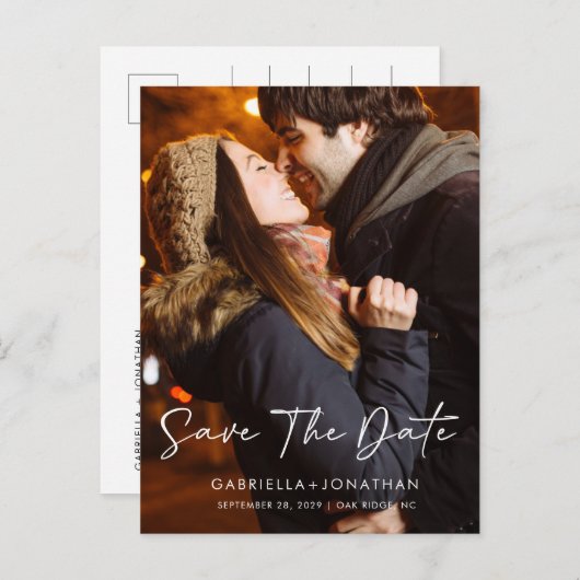 シンプルモダンScript写真の日付を保存結婚する 案内ポストカード (正面/裏面)