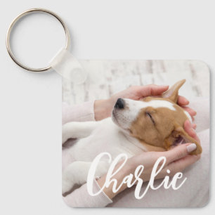 シンプルモダンScript Dog Name 2 Photo キーホルダー