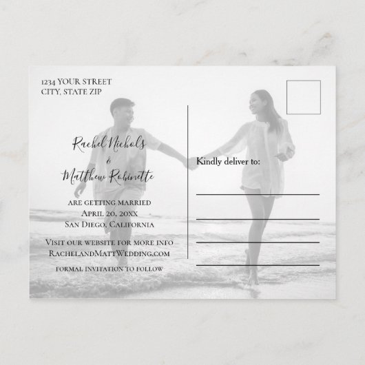 シンプルモダンScript Overlay Photo日付の保存 案内ポストカード (裏面)