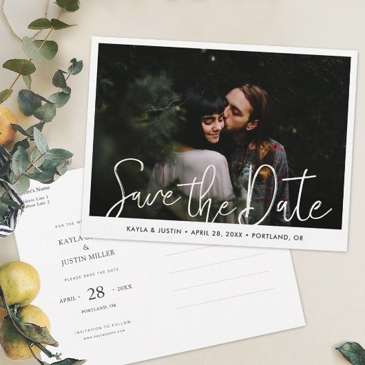 シンプルモダンScript Photo日付を保存結婚する インビテーションポストカード