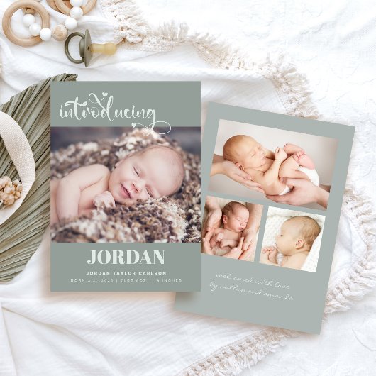 シンプルモダンScript Photo Collage Sage誕生 案内状